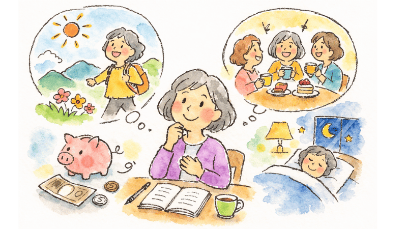 楽しそうに老後を考える女性のイラスト
