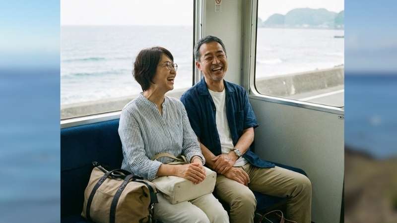 電車に乗って談笑する初老の夫婦