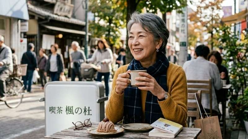 カフェで優雅にコーヒーを飲む初老の女性