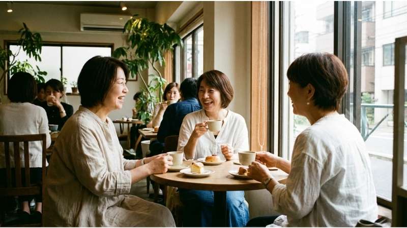 カフェで談笑する初老女性のグループ