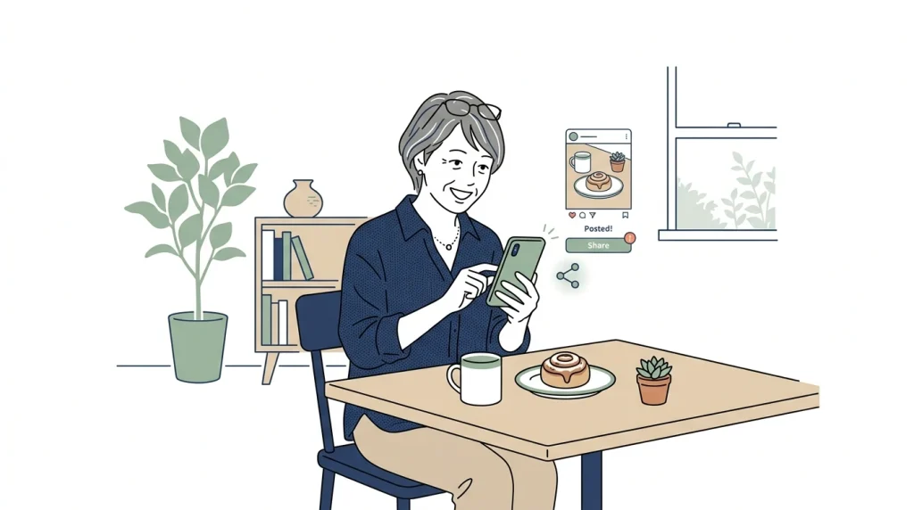 カフェでスマホカメラを使ってケーキの撮影を楽しむ女性