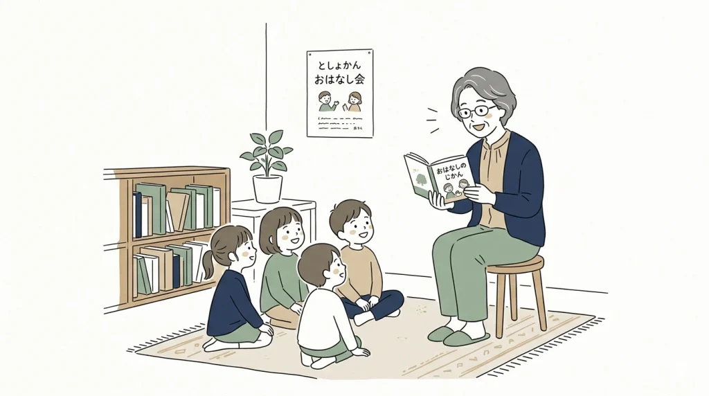 図書館で読み聞かせを行う女性