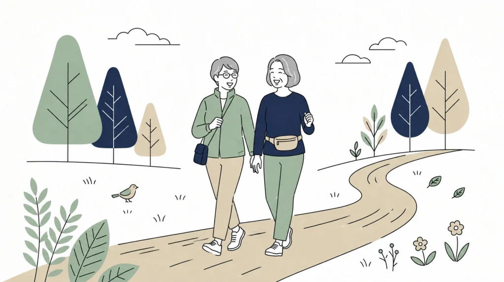2人の女性が楽しそうに散歩している