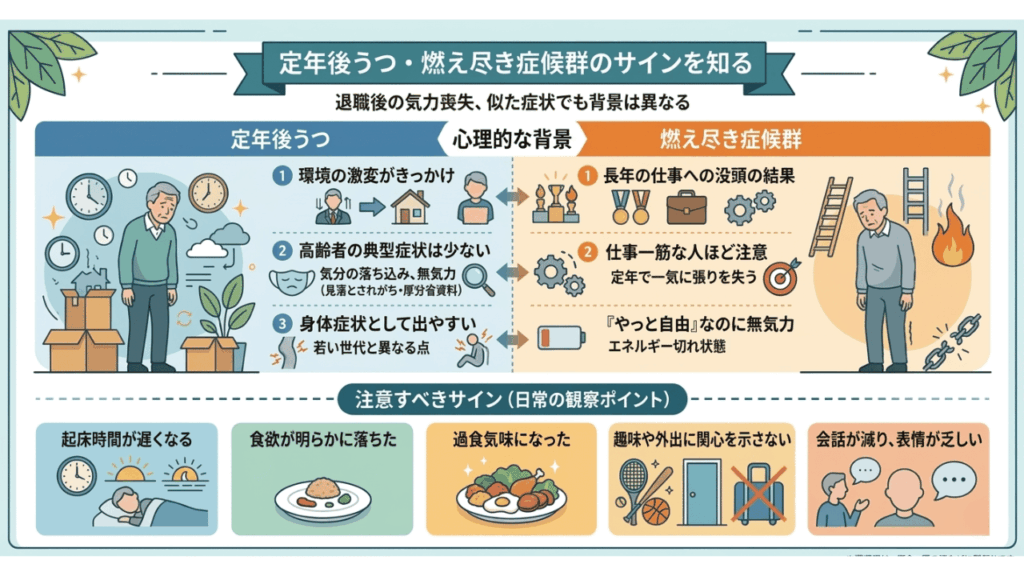 定年後うつ・燃え尽き症候群のサインをまとめた表