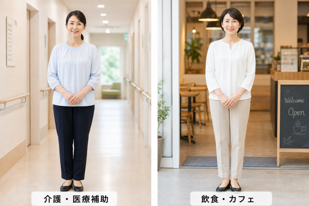 50代女性パート面接の服装|介護・医療補助と飲食・カフェの比較コーデ