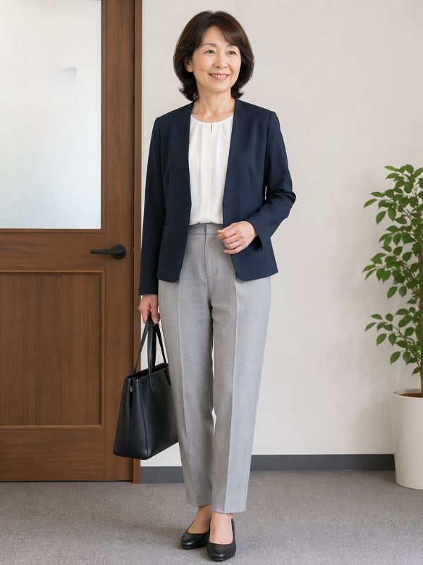 50代日本人女性が、ネイビージャケット＋白ブラウス＋グレースラックスを着用して立っている